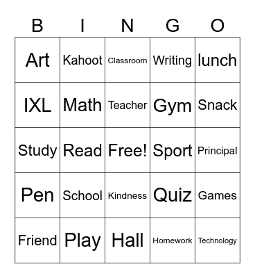 School Bingo Card