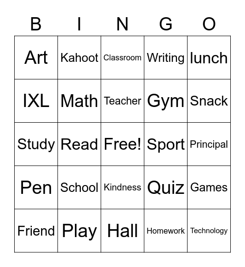 School Bingo Card