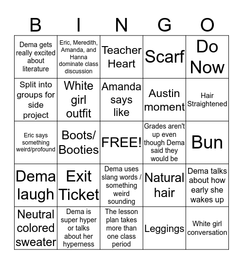 Stat Project Bingo Card