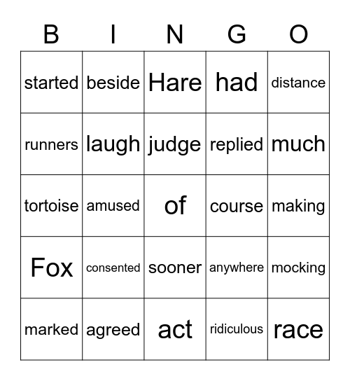Hare and Tortoise Bingo Card