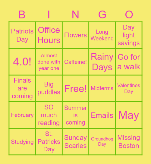 Welcome Spring Semester! Bingo Card