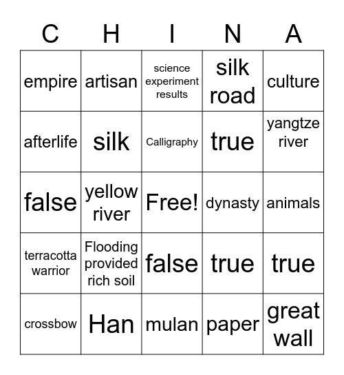 Ancient China Bingo Card