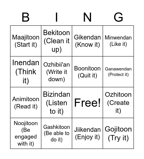 Anishinaabemowin (Ojibwe) - Giin Doodan Bingo Card
