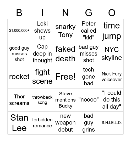 Avengers Bingo Card