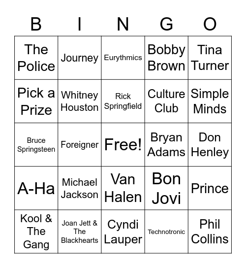 80's Music Bingo Card