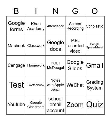 School Stuffs Bingo Card