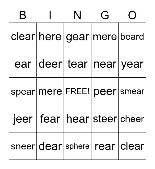 ERE, EAR, EER Bingo Card