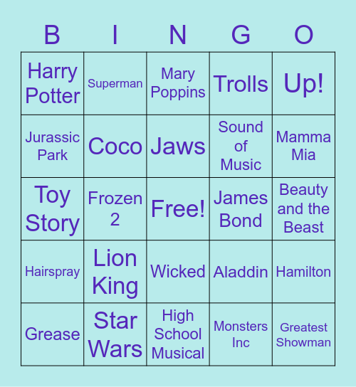 Movie and Musical Bingo Card