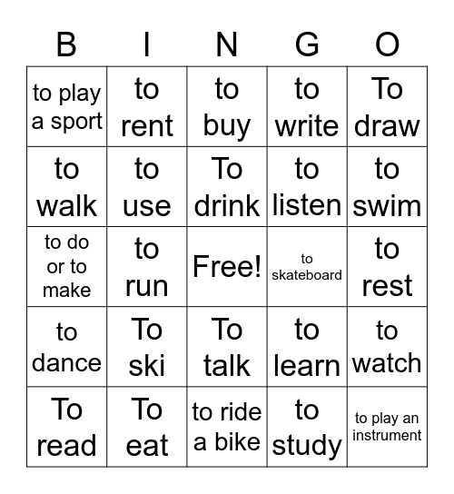 verb bingo Card