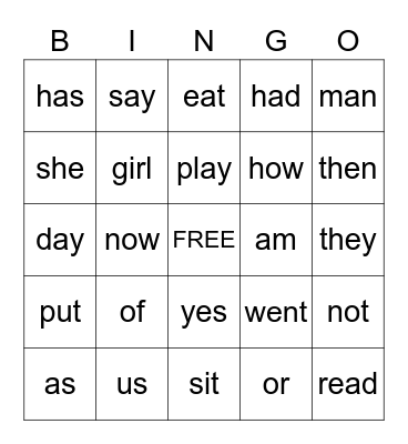 Sight Words Bingo Card