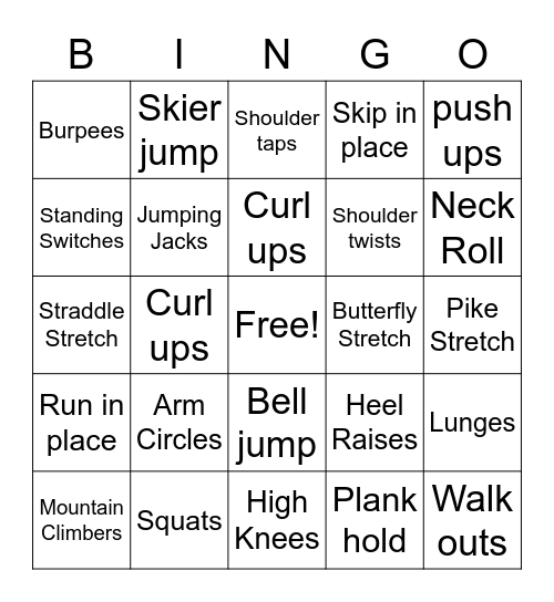 Warm Ups Bingo Card