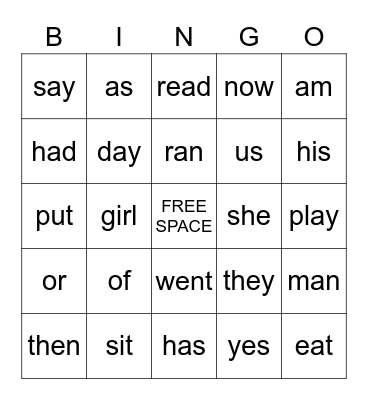 Sight Words Bingo Card