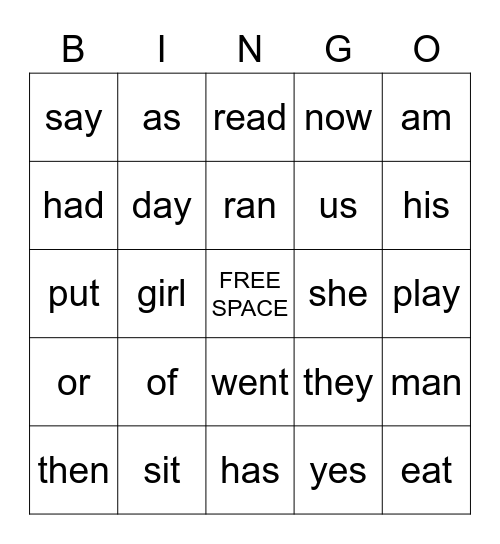 Sight Words Bingo Card