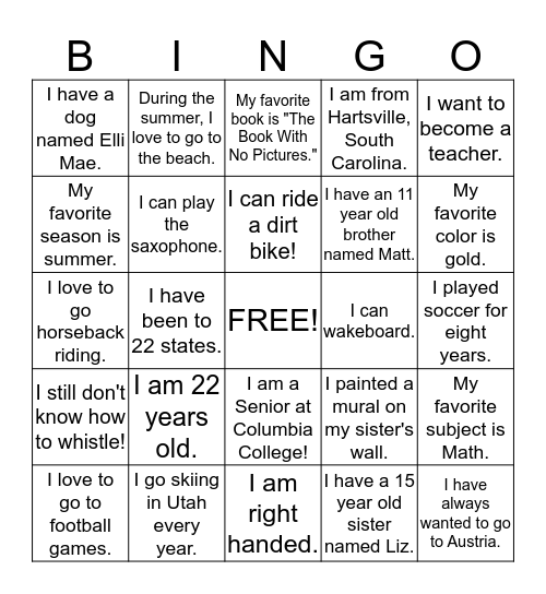 All About Ms. Stroud Bingo Card