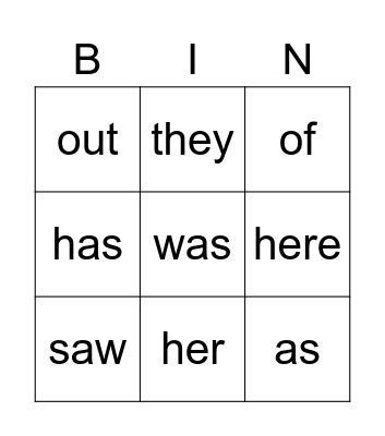 Sight Words Bingo Card