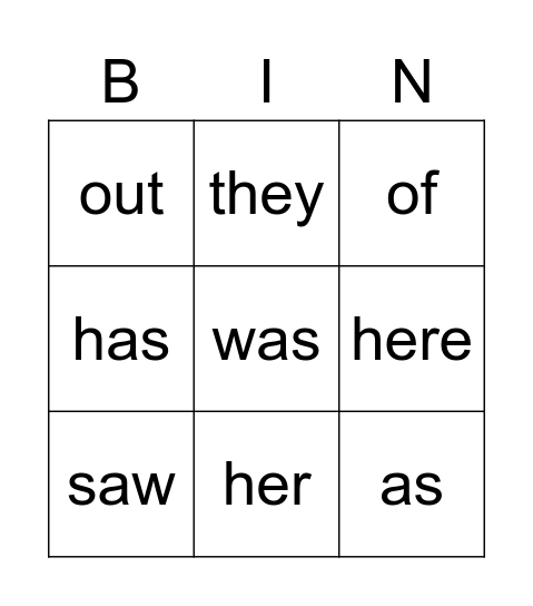 Sight Words Bingo Card
