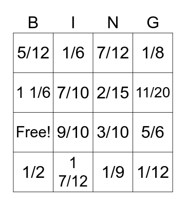 Adding and Subtracting Fractions Bingo Card