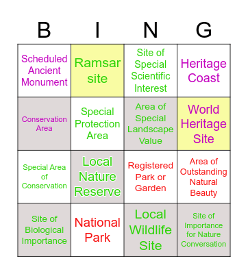 Landscape Designations Bingo Card