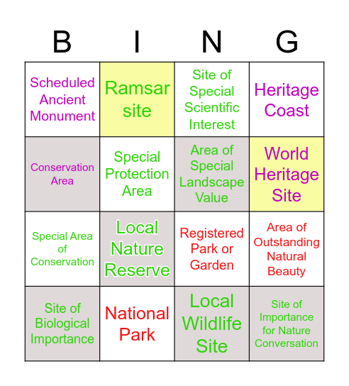 Landscape Designations Bingo Card