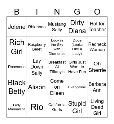 Girl Crazy Bingo Card