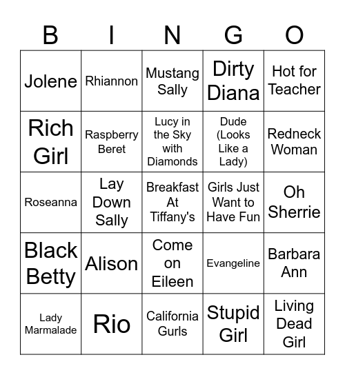 Girl Crazy Bingo Card