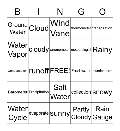 Water Cycle  Bingo Card