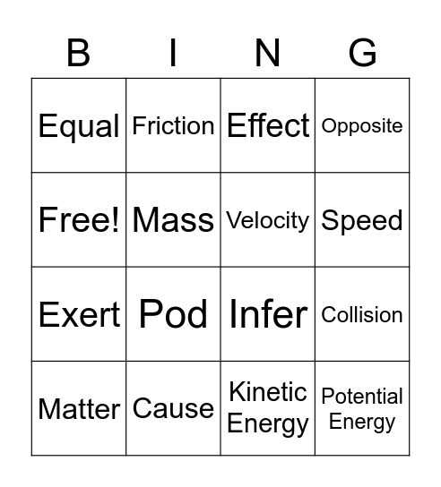 Force and Motion Bing-o Bingo Card