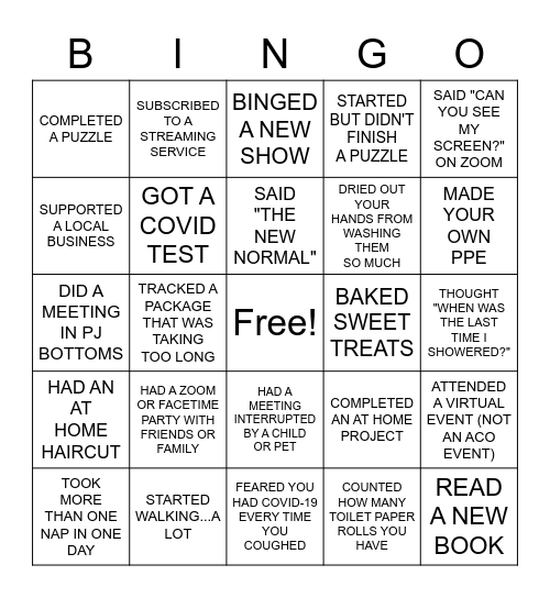 ACO QUARANTINE BINGO Card