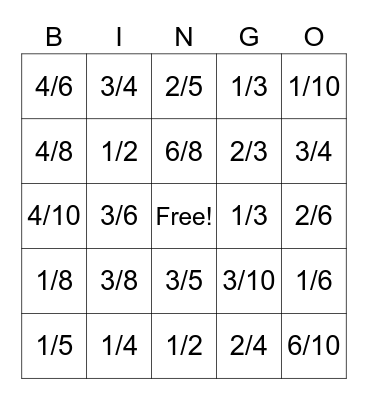 Fraction Bingo Card