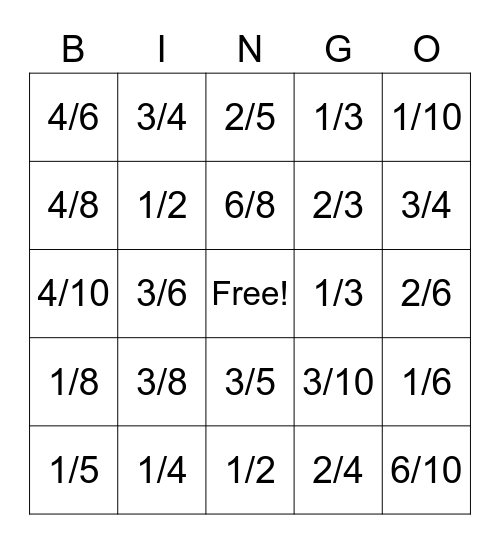 Fraction Bingo Card