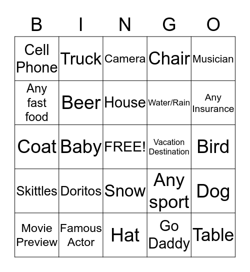 Superbowl 2015 Bingo Card