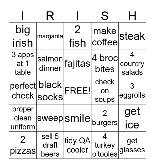 Bennigan's Bingo Card