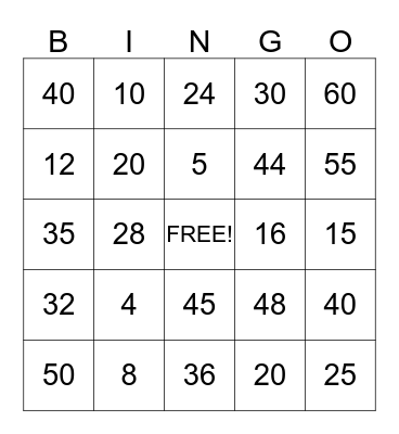Multiplication Bingo Card