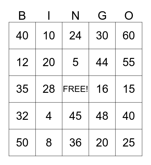 Multiplication Bingo Card