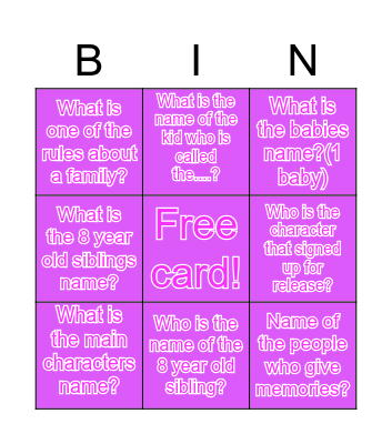 The Giver Bingo Card