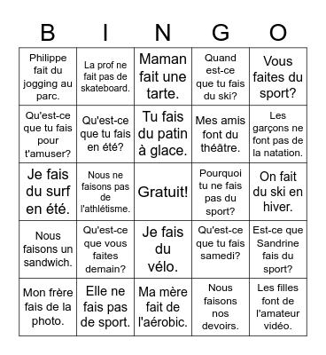 Faire sentences Bingo Card