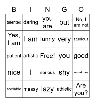 Chapter 1b  - Adjectives Bingo Card