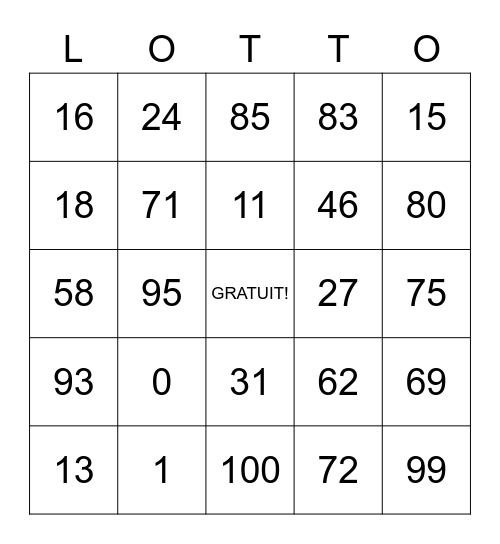 Les Nombres 1-100 Bingo Card