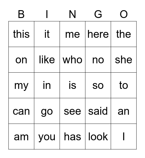 Sight Word Bingo Card