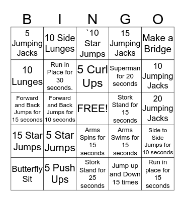 Activity Time Bingo Card