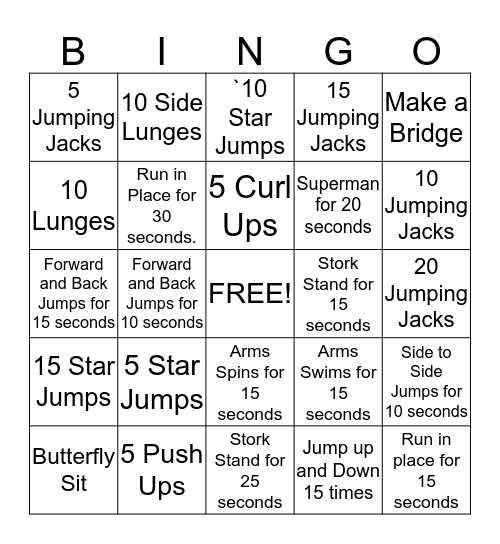 Activity Time Bingo Card