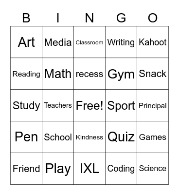 School Bingo Card