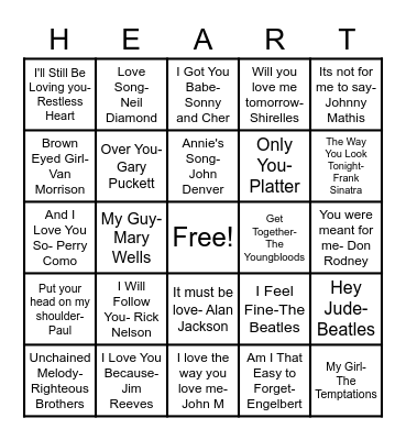 Love Songs Mix #1 Bingo Card