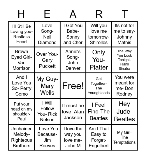 Love Songs Mix #1 Bingo Card
