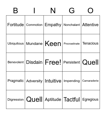 Bingo Vocabulary Bingo Card