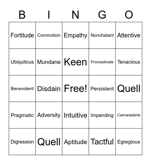 Bingo Vocabulary Bingo Card