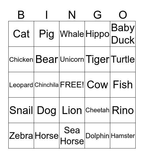 Birthday Girl's Animal Bingo Card