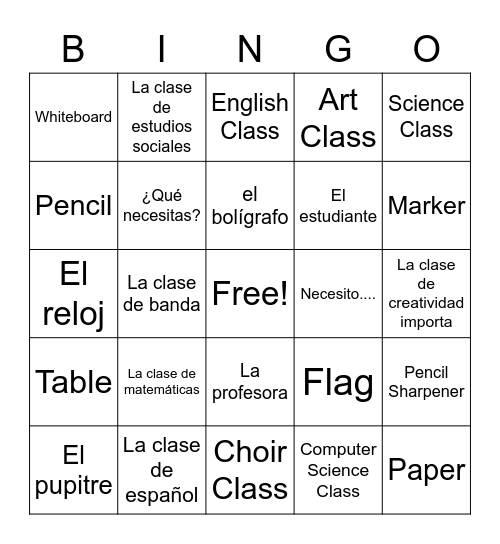 Class Topics/Items Bingo Card