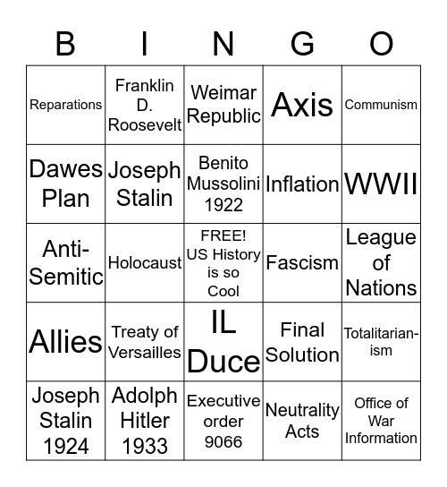 World War II Reasons for Invovement Bingo Card