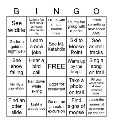 AMC Maine Woods Bingo Card